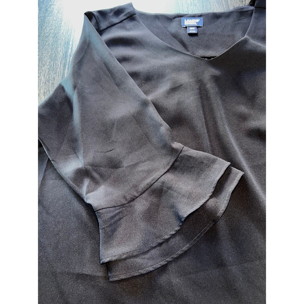 Lands End Womens 18W Navy Blue V-Neck Blouse Tiered Bell Sleeve Crepe Top
